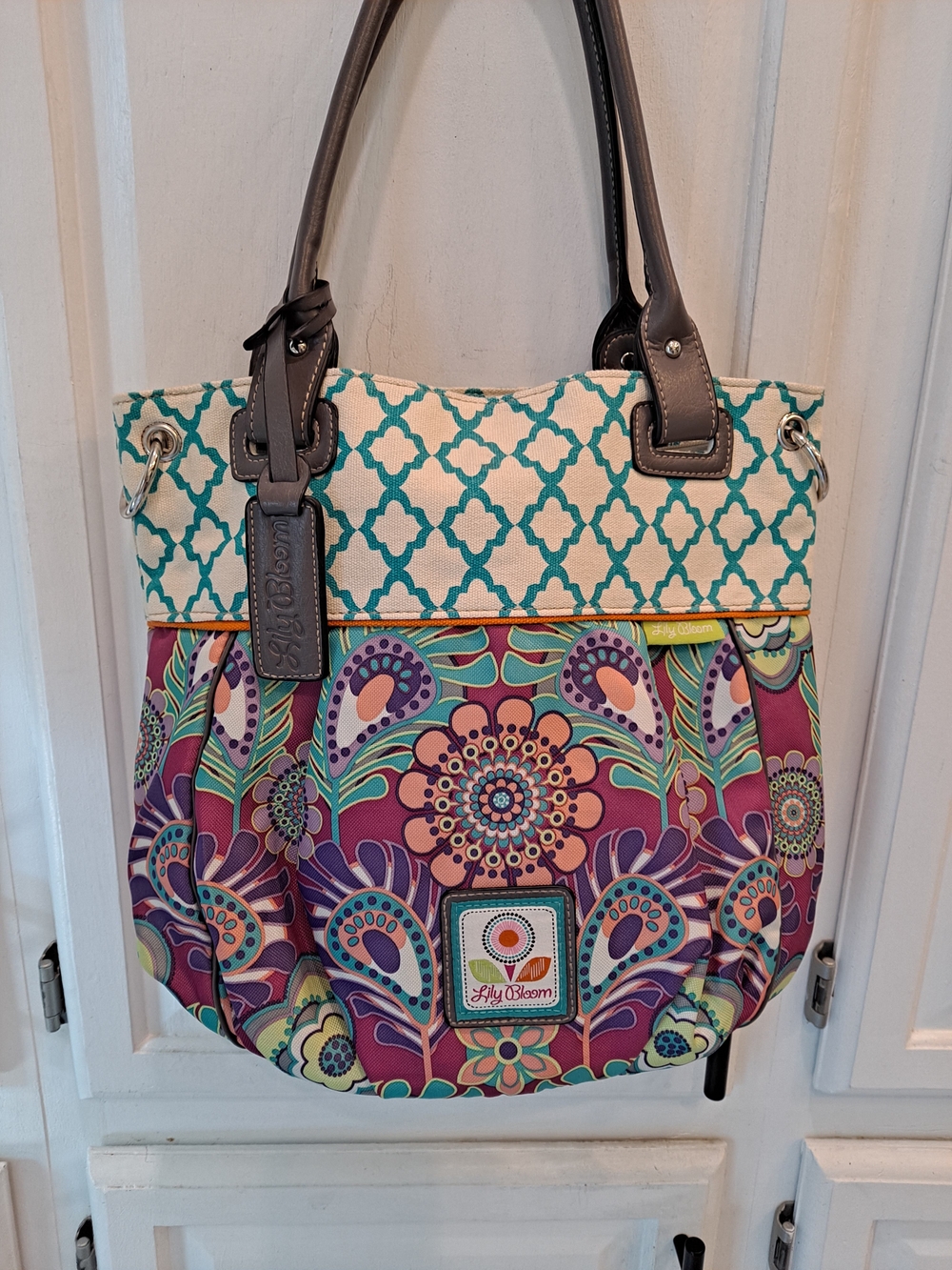 Lily Bloom Multicolor Floral Shoulder Tote Teal Cream Lattice Gray Faux Trim Bag